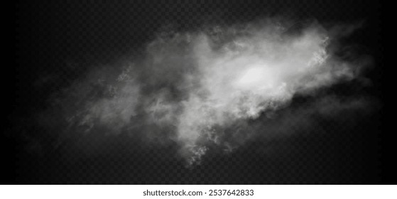 Realistic vector cloud isolated on dark transparent background. White smoke on semi transparent backdrop
