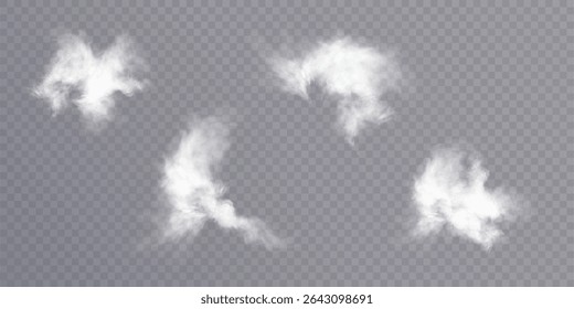 Nuvens vetoriais realistas, efeitos de vapor, sopros de fumaça. Efeitos de fumaça branca sobre fundo transparente