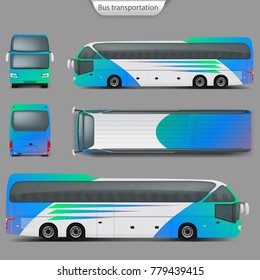 Realistic Vector Coach Bus Mockup, Rear, Front, Top, Side View. Detailed Passenger Transport, Travel Vehicle. City Bus, Ready Corporate Identity Template For Branding, Advertising Design.