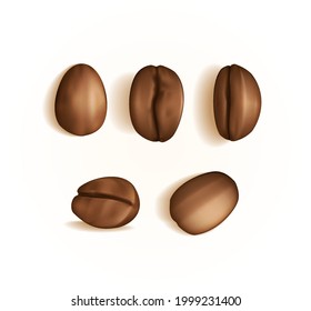 Realistic vector coffee bean in various angle for coffee product with texture. 3d vector render coffee bean