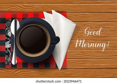 Realistic vector coffee cup and saucer top view isolated on wooden background with checkered tablecloth. Good morning concept