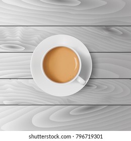 Realistic vector coffee cup and saucer top view isolated on wooden background