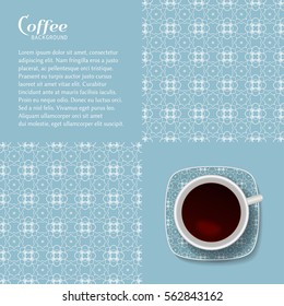Realistic Vector Coffee Cup with trendy line ornament on a saucer and seamless geometric linear pattern, isolated elements. Decorative art background, business coffee break concept, interior decor