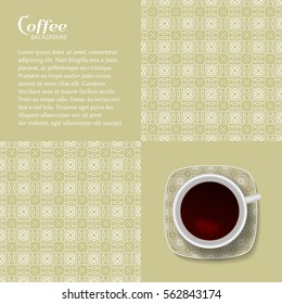 Realistic Vector Coffee Cup with trendy line ornament on a saucer and seamless geometric linear pattern, isolated elements. Decorative art background, business coffee break concept, interior decor