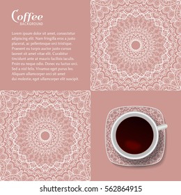 Realistic Vector Coffee Cup with trendy line ornament on a saucer and seamless geometric linear patterns, isolated elements. Decorative art background, business coffee break concept, interior decor