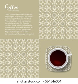 Realistic Vector Coffee Cup with trendy line ornament on a saucer and seamless geometric linear pattern, isolated elements. Decorative art background, business coffee break concept, interior decor