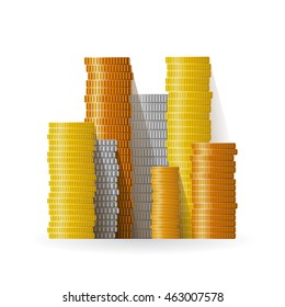 Realistic vector coin piles in flat style