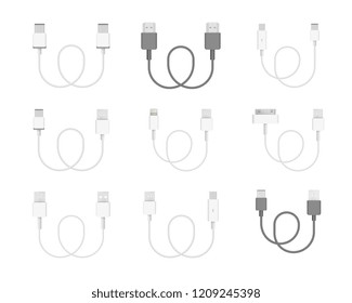 The realistic vector collection of cables. Connectors or plugs for connecting and charging phones, mobile devices, computers, tv, tablets, and game consoles.
