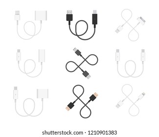 The realistic vector collection of cables. Connectors or plugs for connecting and charging phones, mobile devices, computers, tv, tablets, and game consoles.