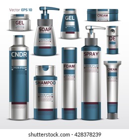 Vector realista. Colección de cosméticos para el cuidado corporal. Empaque de plantilla champú, gel de ducha, jabón, hidratante. Diseño azul