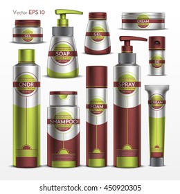 Realistic vector. Collection of cosmetics for body care. Template package shampoo, shower gel, soap, moisturizer. Design green