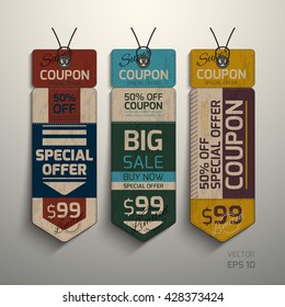 Realistic vector. Collection of tags, special offer, sale. Tear-off coupon. Design in vintage style