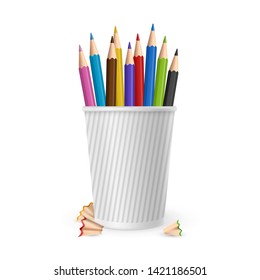 Realistic vector color pencils in glass isolated on white background. Illustration of color pencil for drawing, creativity crayon