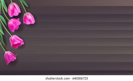 Realistic vector colorful pink tulips set on wooden background from planks. Not trace. Template with pink tulips for Valentine or Mother day, postcards, printing on t-shirts with love for loved ones.
