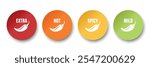 Realistic Vector Colorful Round Stickers with Spicy Chili Pepper Icon. Food Spicy Level. Red, Orange, Yellow, Green Jalapeno Pepper. Strength Scale Stickers, Indicators - Mild, Spicy, Hot, Extra