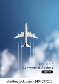 Realistic vector commercial passenger airplane jet flying through clouds. Top Aerial view vector illustration.