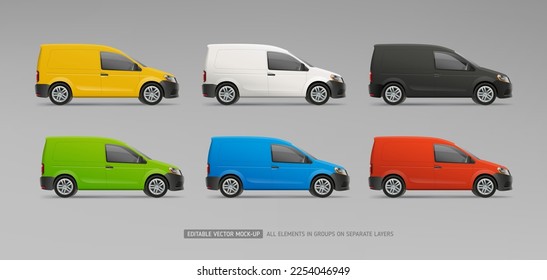 Realistic vector Company Cars. White, red, yellow delivery Car for Branding and promo advertising design. Black and blue Cargo Van isolated. Editable template