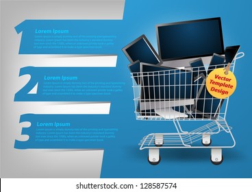 Realistic vector computer concept in the shopping cart, With Modern Design template / infographics / numbered banners, Colorful presentations with letters numbers