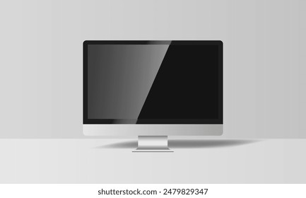 Realistic vector computer mockup on gray background with realistic shadow. Computer with blank screen, silver design. Vector EPS 10
