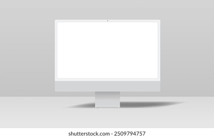 Realistic vector computer mockup on gray background with realistic shadow. Computer with transparent screen, silver design. Vector EPS 10