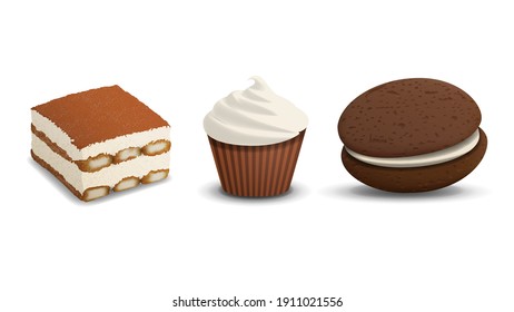 Realistic Vector Confectionery. Tiramisu Cupcake Whoopi Pie Illustration.