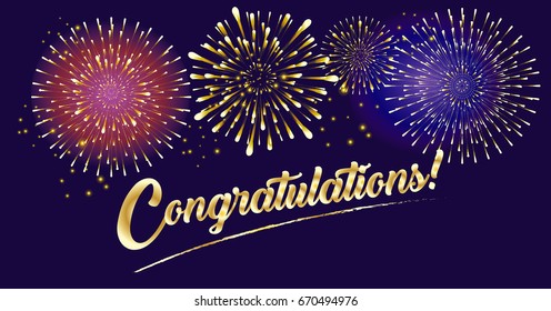 Realistic Vector Congratulations inscription, gold foil texture, text on festive fireworks, sparkles night background. Holiday Festival Event decoration, carnival, patriotic wallpaper 2020 template