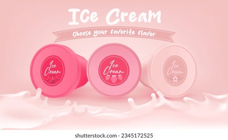 Realistic vector cream container mockup. Pink frozen yogurt in 3D jar. Food packaging design with branding. Delicious dairy dessert