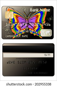 Realistic vector Credit Card with butterflies two sides
