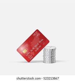 Realistic vector credit card and stacks coins. Business and finance.