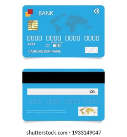 Realistic vector Credit Card two sides, blue. Shopping discount plastic card. Vector