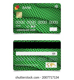 Vector realista Tarjeta de crédito de dos lados, verde. Tarjeta de plástico con descuento para compras. Ilustración vectorial, diseño para tarjetas bancarias