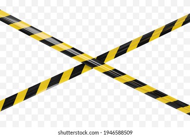 Realistic vector crime tapes with black and yellow stripes. Crossed warning ribbon