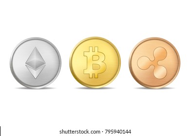 Conjunto de iconos de monedas de criptomoneda de Vector realista. Bitcoin, Etherium, Ripple. Tecnología blockchain. Primer plano aislado sobre fondo blanco. Plantilla de diseño para gráficos