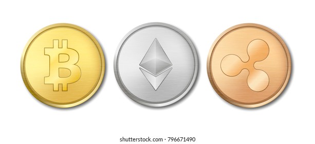 Realistic vector crypto currency coin icon set. Bitcoin, Etherium, Ripple. Blockchain technology. Closeup isolated on white background. Design template for graphics. Top view
