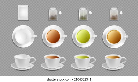 Realistic vector cups of hot aromatic tea set. Vector realistic white porcelain, ceramic tea cups isolated on transparent background. Top and front view