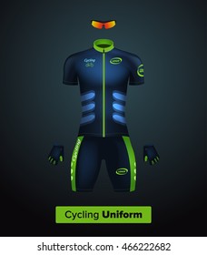 Realistic vector cycling uniform template. Blue and green. Branding mockup. Bike or Bicycle clothing and equipment. Special kit - short sleeve jersey, gloves and sunglasses. Front view