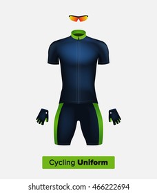 Realistic vector cycling uniform template. Blue and green. Branding mockup. Bike or Bicycle clothing and equipment. Special kit - short sleeve jersey, gloves and sunglasses. Front view