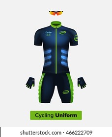 Realistic vector cycling uniform template. Blue and green. Branding mockup. Bike or Bicycle clothing and equipment. Special kit - short sleeve jersey, gloves and sunglasses. Front view