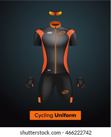 Realistic vector cycling uniform template. Black and orange. Branding mockup. Bike or Bicycle clothing and equipment. Special kit - short sleeve jersey, gloves and sunglasses. Front view