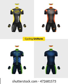 Realistic vector cycling uniforms. Branding mockup. Bike or Bicycle clothing and equipment. Special kit: short sleeve jersey, gloves and sunglasses. Front view.