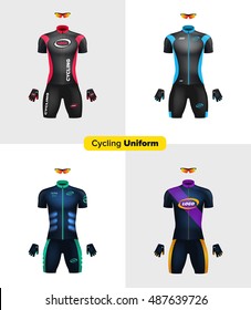 Realistic vector cycling uniforms. Branding mockup. Bike or Bicycle clothing and equipment. Special kit: short sleeve jersey, gloves and sunglasses. Front view