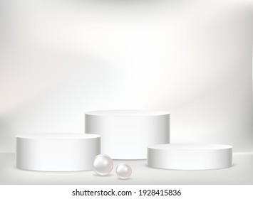 Realistic vector cylindric podium for your product design. Template contains three empty stages, light effects and pearls