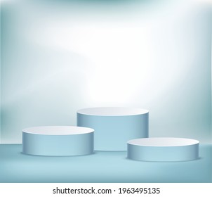 Realistic vector cylindric podium for your product design. Template contains three empty stages, light effects