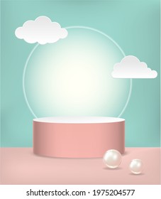 Realistic vector cylindric podium for your product design. Template contains one empty stage and light effects and pearls