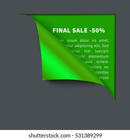 Realistic vector dark gray paper which gets rolled up. Paper curled corner on green background. Template for eco design, green.