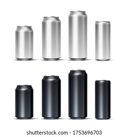 Realistic vector dark silver steel drink mockup set. Aluminum bear, soda, lemonade, energetic cans blank template with place for branding. Metallic canned beverages isolated on white background