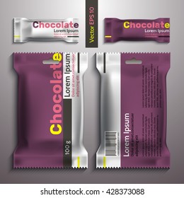 Realistic vector design chocolate packaging, packaging template. Candy and a large pack of sweets. Purple packing