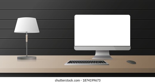 Realistic vector design Computer monitor with white screen on the table. Wooden table, lamp, black wooden wall.