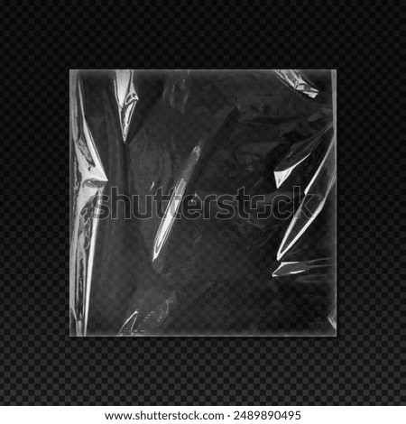 Realistic vector design of crumpled plastic packaging. A clear polyethylene effect texture overlay for CD covers. Square illustration of a plastic bag.