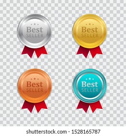 Realistic vector design of golden badge with red ribbon.